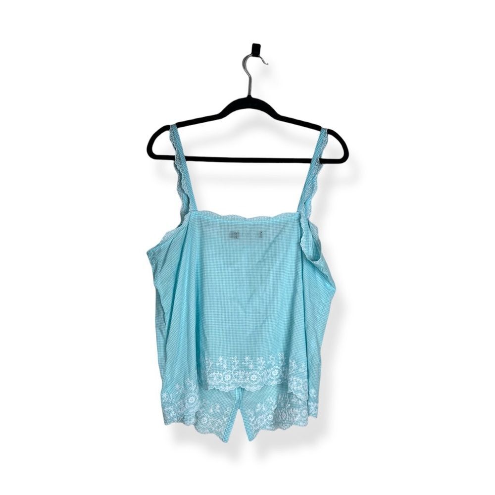 Lauren Ralph Lauren Sky Blue Plaid Embroidered Scalloped Button Up Tank Top - Picture 3 of 5